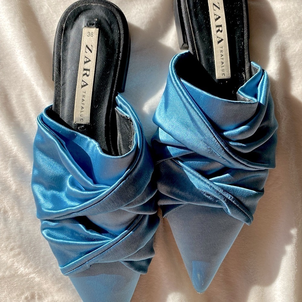 ZARA Trafaluc Teal Blue Satin Pointed Toe Mules – Ruched Slip-On Heels